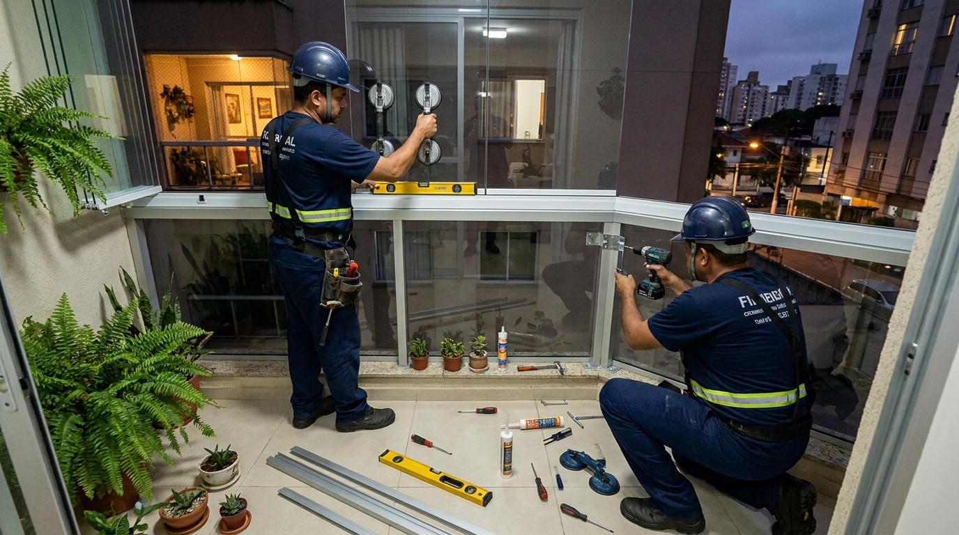 Instalação noturna de parede de vidro em Palmas-TO