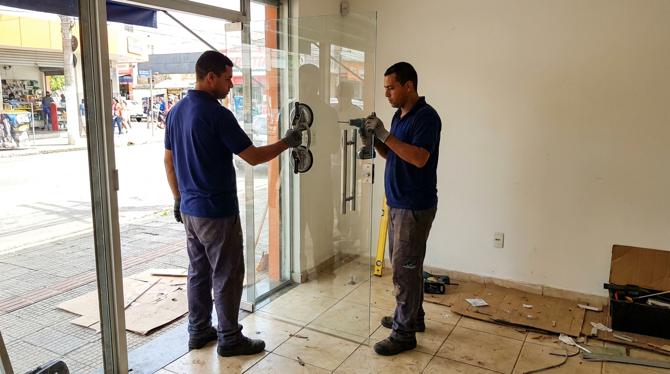 Porta de vidro de loja em rua movimentada em Palmas-TO